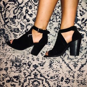 Black Suede Open Toe Buckle Heel